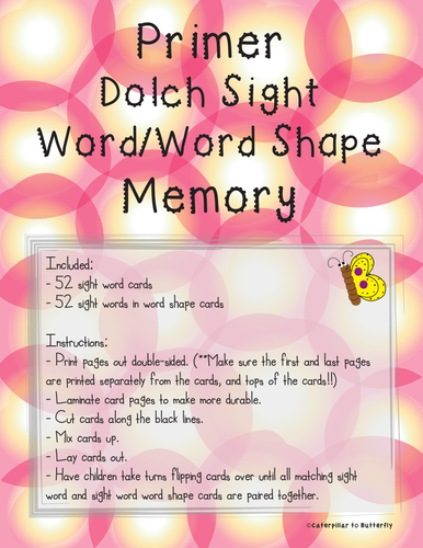 Primer Sight Word Memory: Word Shape Version