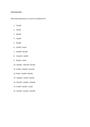 Common trig values worksheet