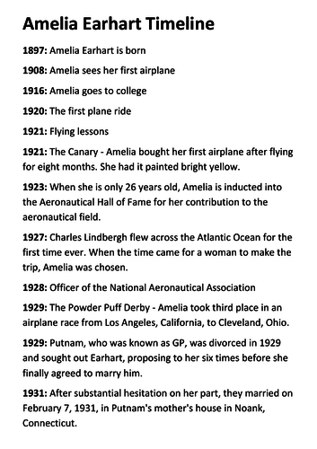 Amelia Earhart Timeline and Quotes Activity | Teaching Resources