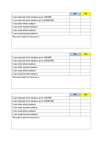 Place Value Assessment sheet KS2