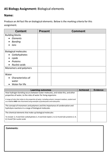 NEW OCR AS Biology specification Biological molecules independent task