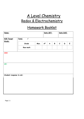 New AQA A Level Chemistry Electrochemistry Assessment booklet