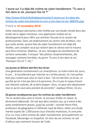 AQA French  A Level Year 1 and AS Le cyber-harcelement - Reading