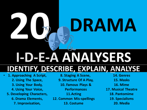 20 x Drama IDEA Analysers Starter Activities GCSE KS3 Keyword Homework Cover Plenary
