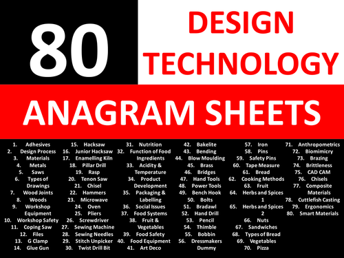 80 Anagram Sheets Design Technology Literacy KS3 GCSE Keyword Starters Anagrams Cover Lesson Plenary