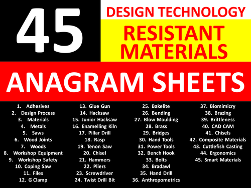45 Anagram Sheets Resistant Materials Design Technology Literacy Keyword Starters Settlers Cover