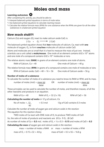 C4.1 Moles and Mass worksheet GCSE AQA Unit C4 Chemical calculations