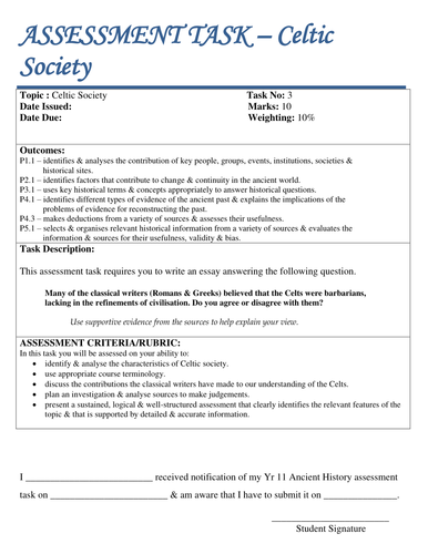 Celtic Society Assessment Task