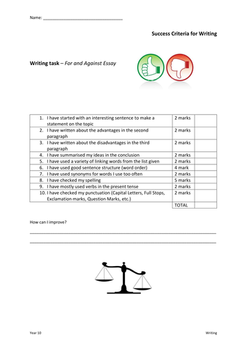 Success Criteria for Writing an Argumentative and an Opinion Essay