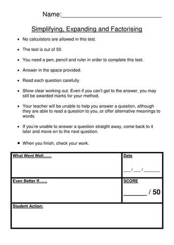 Simplifying, Expanding, Factorising Single Brackets Test