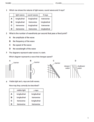 Worksheets/Assessment on General Properties of Waves with answers