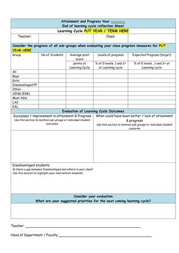 Data and Progress reflection and analysis template / sheet for teachers, HODs and HOFs
