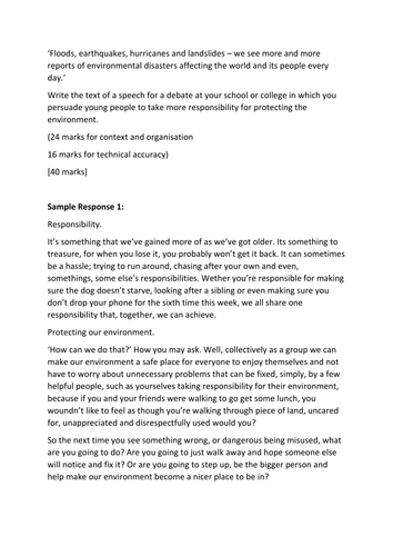 Aqa English Language Paper 2 Section B Example Essay Responses 1 9 Spec Teaching Resources