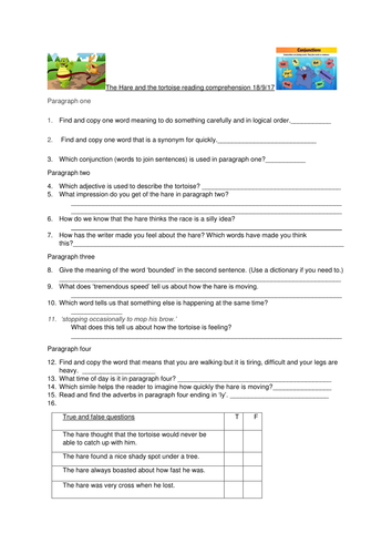 The Hare and the Tortoise Yr 4 and 5 reading comprehension