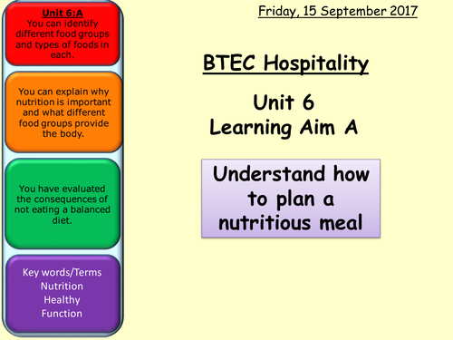 BTEC Hospitality Unit 6: Planning, preparing, cooking and finishing food. LA: ABC