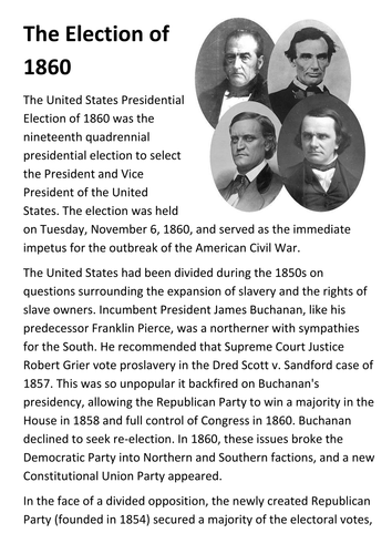 The Election of 1860 Handout | Teaching Resources