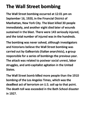 The 1920 Wall Street bombing Handout