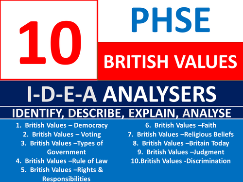 10 IDEA Analysers PHSE British Values PHSEE Keyword Starters Wordsearch Homework or Cover Lesson