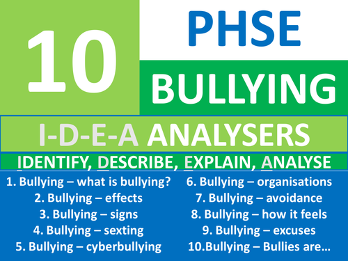 10 IDEA Analysers PHSE Bullying PHSEE Keyword Starters Homework  Cover Settlers PSHE