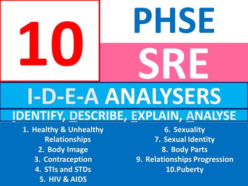 10 IDEA Analysers PHSE SRE PSHE Keyword Starters Homework Cover Settlers Sex & Relationships