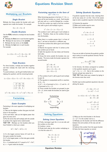 GCSE Equations Revision Sheet (Maths Higher level, grade 9-1 exams)