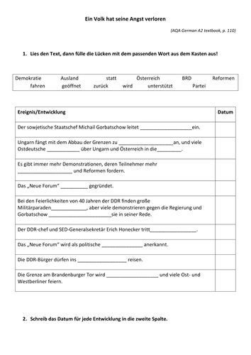 Wiedervereinigung key events worksheet