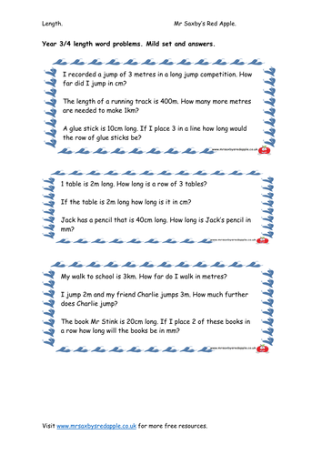 Year 3 4 Length Word Problems with answers Mild Medium Spicy