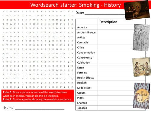 Smoking History PHSE Keyword Starters Wordsearch Crossword Homework Cover Lesson PSHE