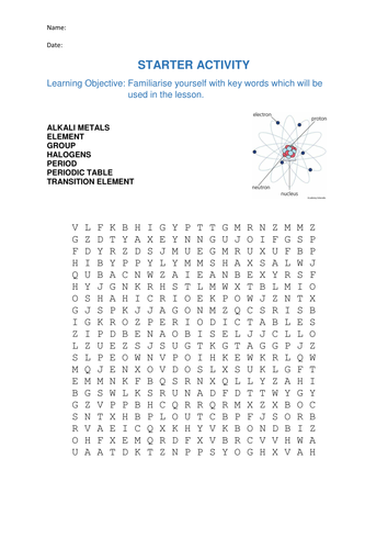 Alkali Metals Practical Observation Sheet plus Word search starter