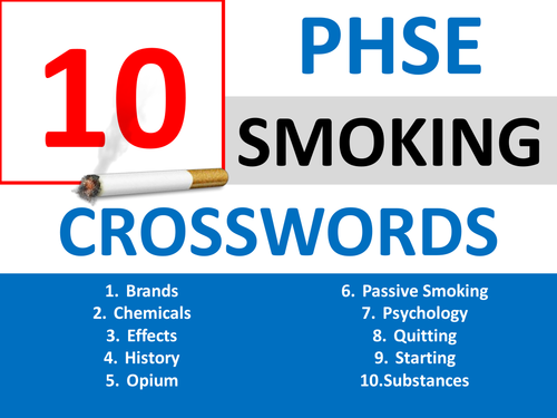 10 Smoking Crosswords PHSE PSHE Keyword Starters Homework Cover Settlers Drugs Crossword