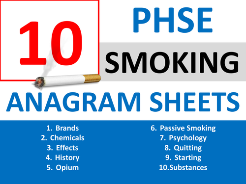 10 Smoking Anagram Sheets PHSE PSHE Keyword Starters Homework Cover Settlers Drugs Anagrams