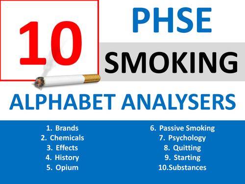 10 Smoking Alphabet Analysers PHSE PSHE Keyword Starters Homework Cover Settlers Drugs Brainstorm