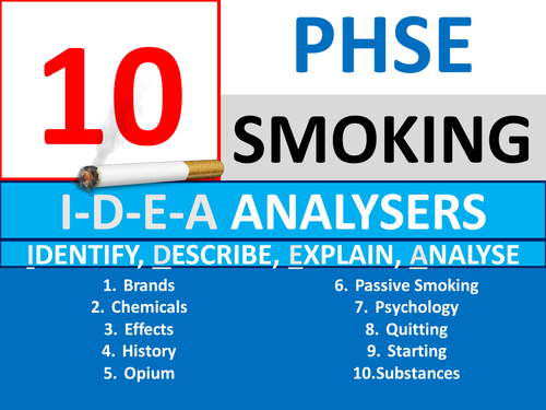 10 IDEA Analysers PHSE Smoking PSHE Keyword Starters Homework Cover Settlers Drugs