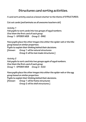 Card sort starter - Structures