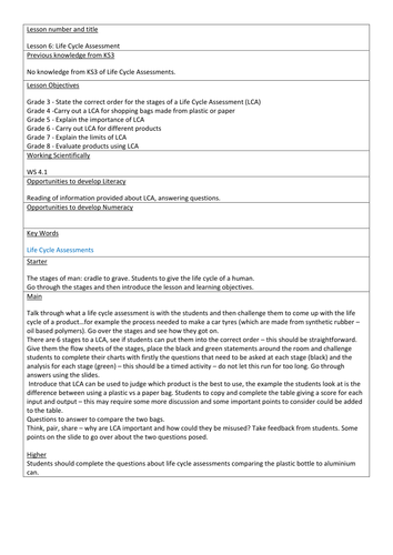 AQA Trilogy 9-1 Life Cycle Assessments