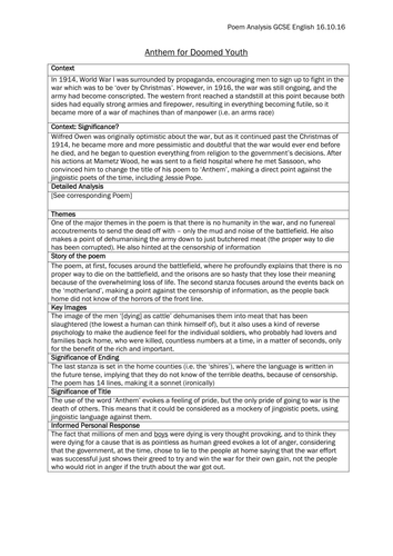 "Songs of Ourselves" (Cambridge iGCSE English) Revision Sheets