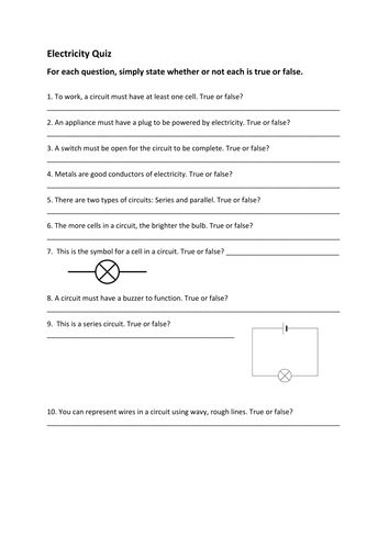 Electricity Quiz - True or False (Assessment for start of unit)