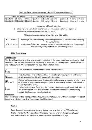 Eduqas A Level Sociology. Answering C1 Section 1, 15 mark exam questions