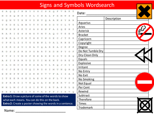 Signs and Symbols Wordsearch Visual Language Starter Settler Activity Homework Cover Lesson