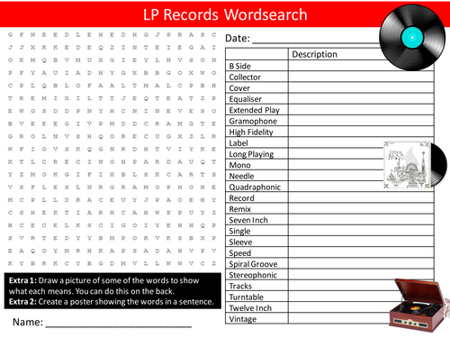LP Records Music History Wordsearch Language Starter Settler Activity Homework Cover Lesson