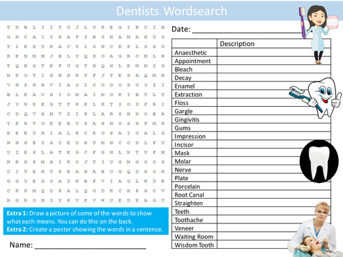 Dentists Wordsearch Careers Jobs Teeth Starter Settler Activity Homework Cover Lesson