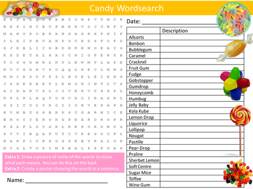 Candy Sweets Wordsearch Food Technology Starter Settler Activity Homework Cover Lesson