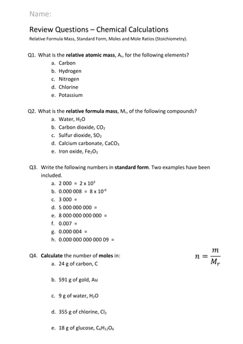 Mole Calculations (n=m/Mr), Very Structured for GCSE Dual Award ...