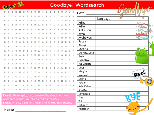 Goodbye in Languages Wordsearch World Language Day Starter Settler Activity Homework Cover Lesson