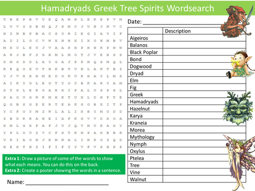 Hamadryads Wordsearch Greek Tree Spirits Myths Starter Settler Activity Homework Cover Lesson