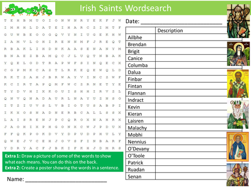 Irish Saints Wordsearch Saint Patrick's Day Starter Settler Activity Homework Cover Lesson