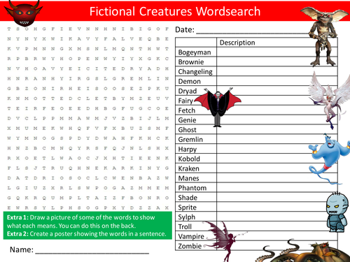 Fictional Creatures Wordsearch Myths & Legends Starter Settler Activity Homework Cover Lesson