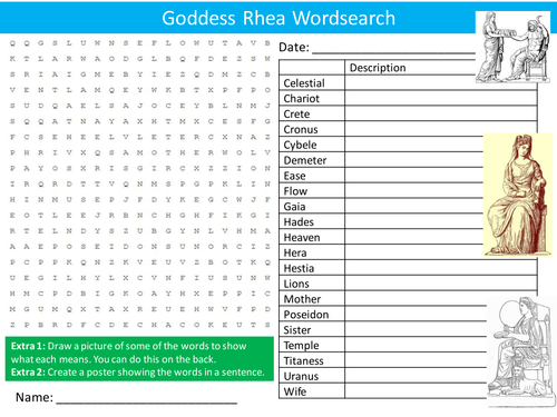 Goddess Rhea Wordsearch Greek Gods Myths Starter Settler Activity Homework Cover Lesson