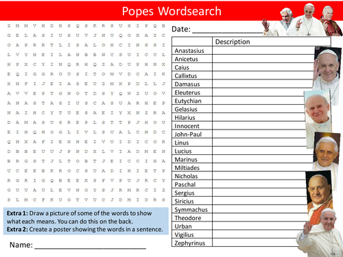Popes Wordsearch Catholic Religion RE Starter Settler Activity Homework Cover Lesson