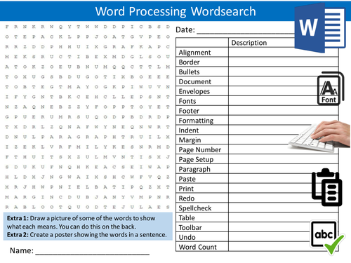 Word Processing Wordsearch ICT Computing Starter Settler Activity Homework Cover Lesson